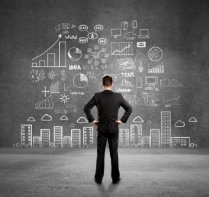 man and plan concept on wall
